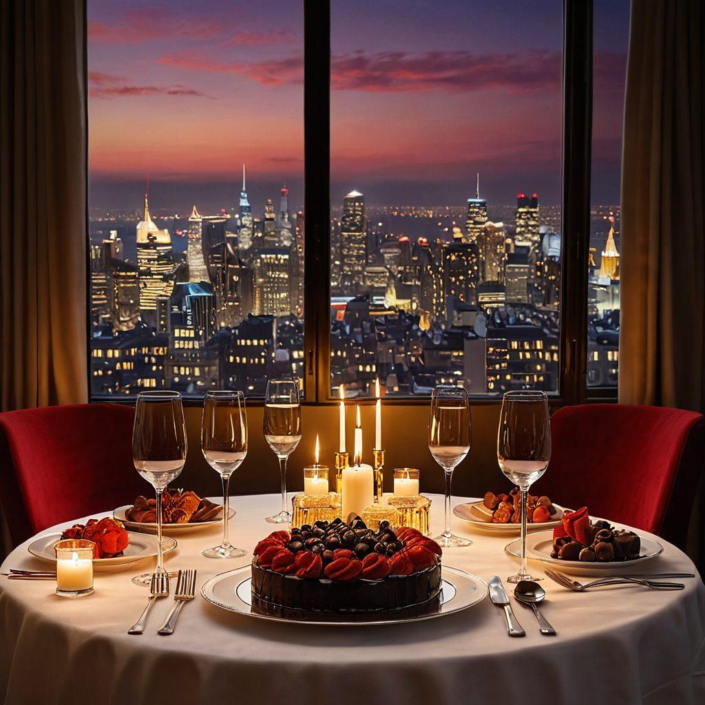 A luxurious dinner table set for two, adorned with elegant cutlery and decadent desserts, surrounded by soft candlelight. In the background, a city skyline twinkles at dusk, symbolizing opulence and romance. Visual elements like heart-shaped gifts and champagne glasses add to the ambiance. Include a warm color palette that evokes passion and sophistication. super-realistic. vibrant colors. 3D.