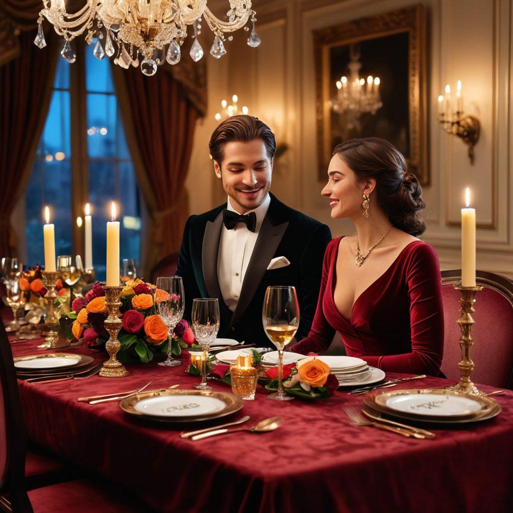 A lavish setting showcasing an elegant couple enjoying a gourmet dinner by candlelight, adorned with luxurious decor and fine dining elements. Emphasize their warm interaction and shared laughter, surrounded by rich textures and opulent details like crystal glassware and floral arrangements. Capture the essence of wealth and intimacy in their connection, with soft ambient lighting. super-realistic. vibrant colors. elegant atmosphere.