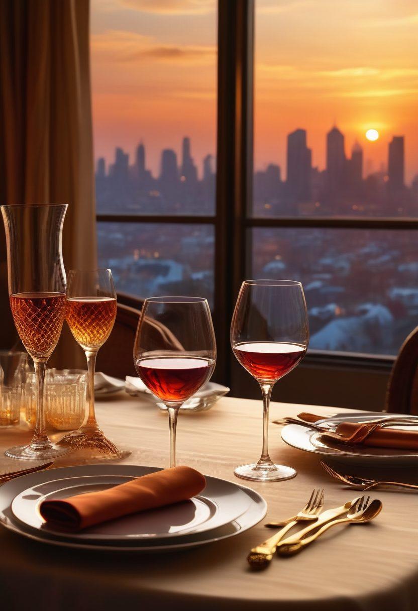 A luxurious, elegant table set for a romantic dinner, adorned with fine wine glasses and golden cutlery. In the background, a dazzling city skyline at sunset, symbolizing affluence and opportunity. Two silhouettes can be seen engaging in a meaningful conversation, radiating chemistry and connection. Incorporate soft, warm lighting to evoke a sense of intimacy and allure. super-realistic. vibrant colors. elegant atmosphere.